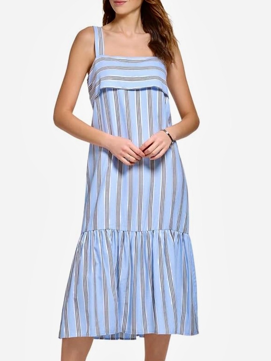Dkny Nwot Med. Blue/Sliver Striped Midi Dress - Elegant Summer Style
